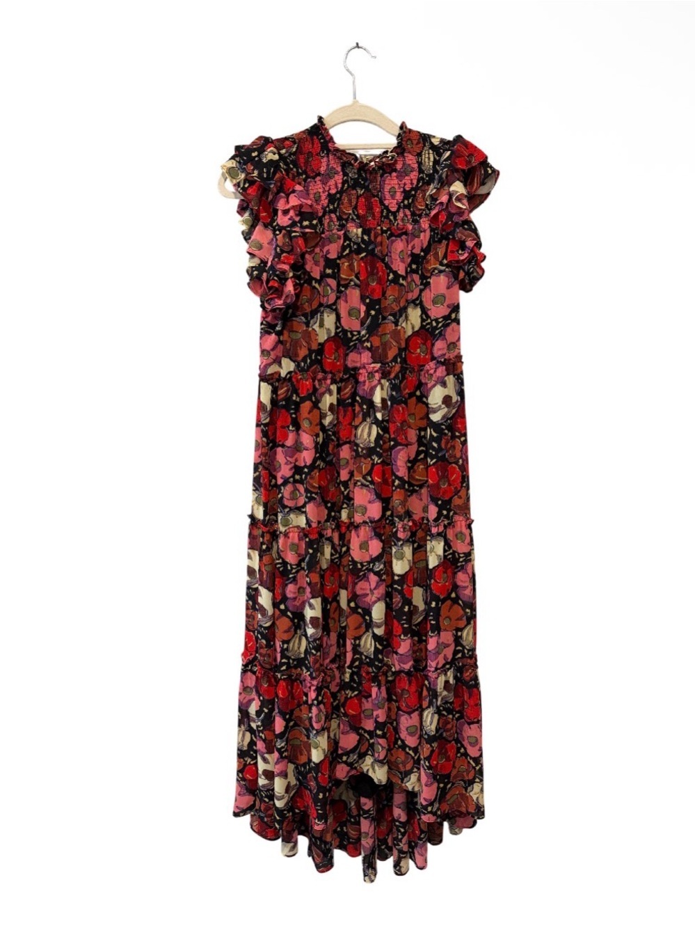 Cinq a Sept Size 6 Floral Red Pink Black Vacation Ruffle Sleeve Maxi Dress Boho